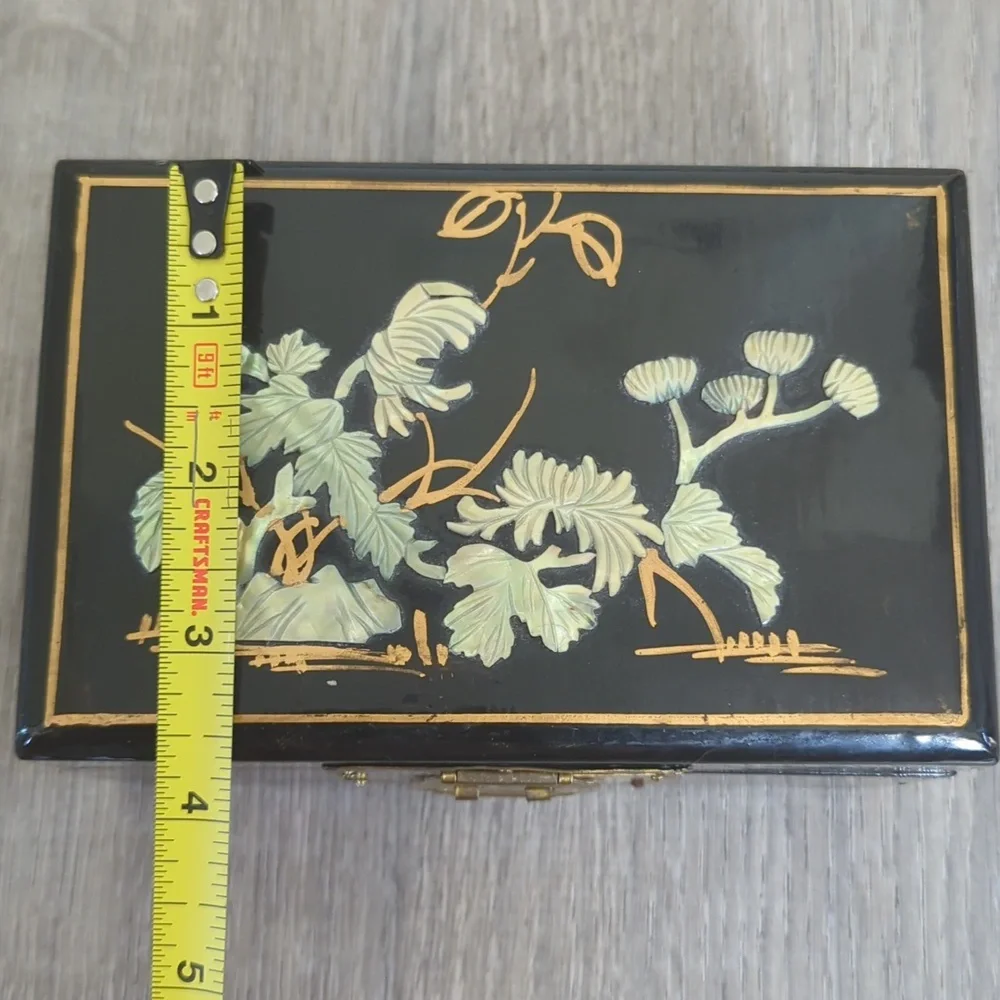 Vintage Chinese Black Lacquer Hand Painted Mother-of-Pearl Inlay Jewelry Box